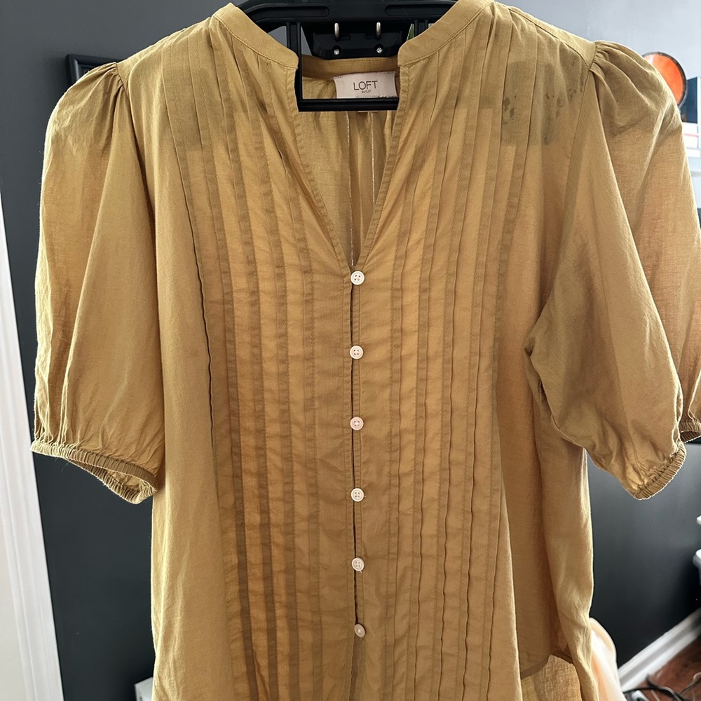 LOFT Gold Puff Sleeve Blouse with Mandarin Collar